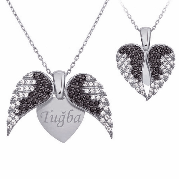 Gravurkette mit Herz und Flügel aus 925er Silber – Ansicht 2