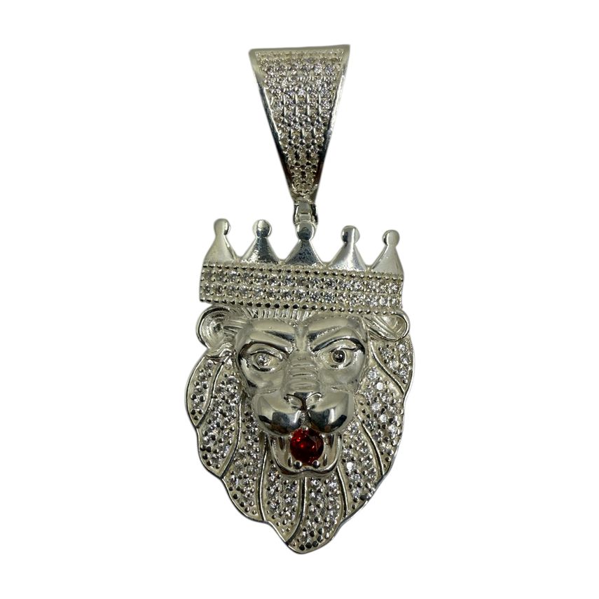 Löwenkopf-Anhänger Iced Out mit roten Steinen aus 925er Sterlingsilber