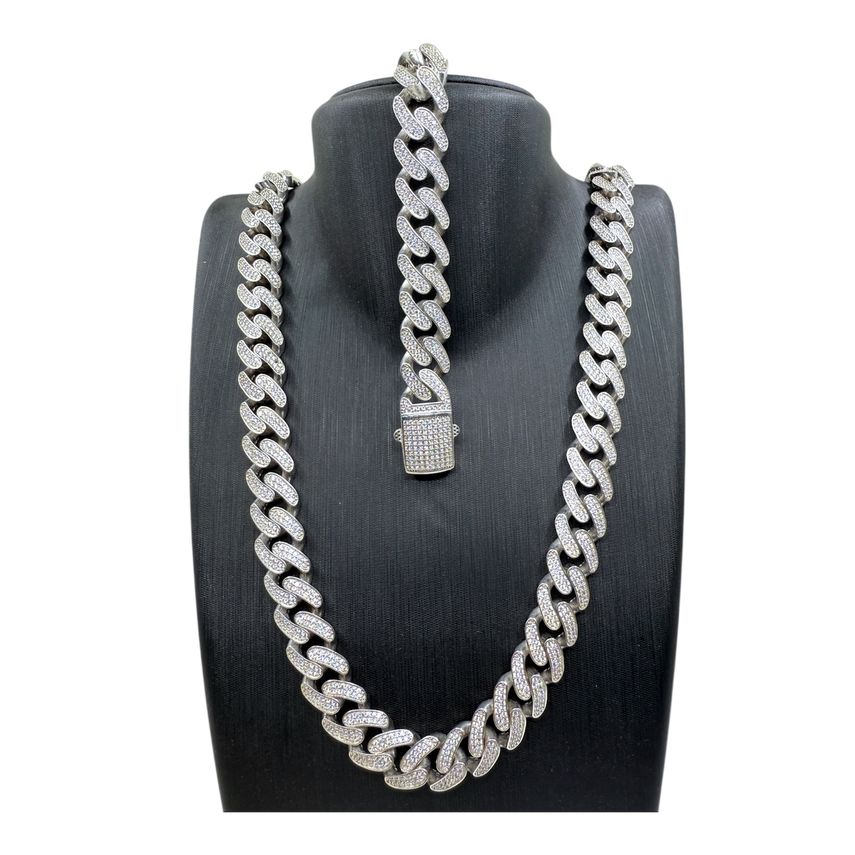 Set Iced Out Cuban Link Kette 15 mm aus rhodiniertem 925er Silber