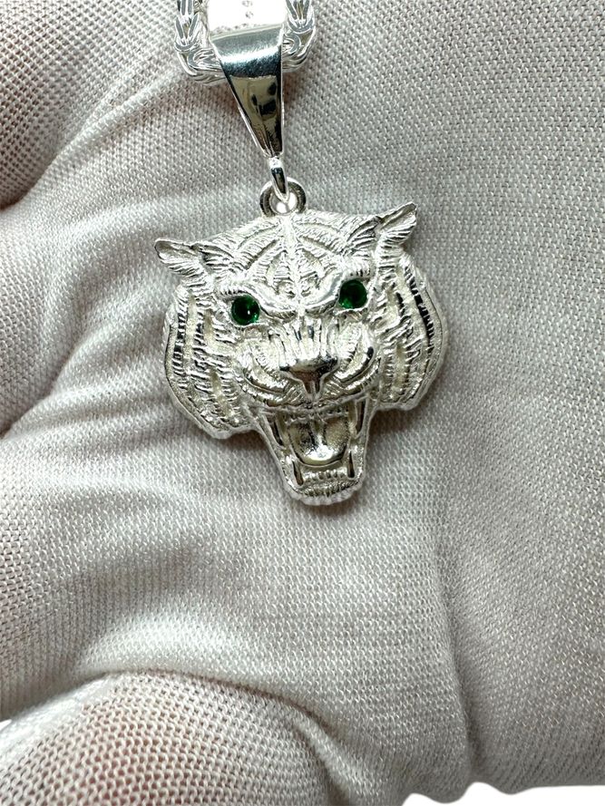 Plattenkette 5 mm mit Tigerkopf-Anhänger aus 925er Silber – Ansicht 2