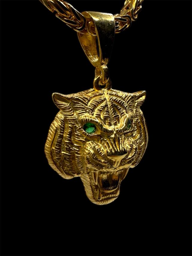 Königskette 3 mm mit Tigerkopf-Anhänger aus 925er Silber, vergoldet – Ansicht 2