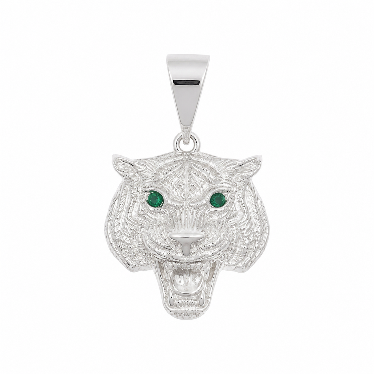 Tigerkopf-Anhänger mit grünen Augen aus 925er Silber