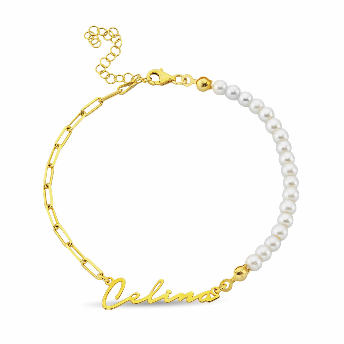 Elegantes Chic ID Armband aus 925er Silber, kombiniert mit Perlen und personalisiertem Namensschild.