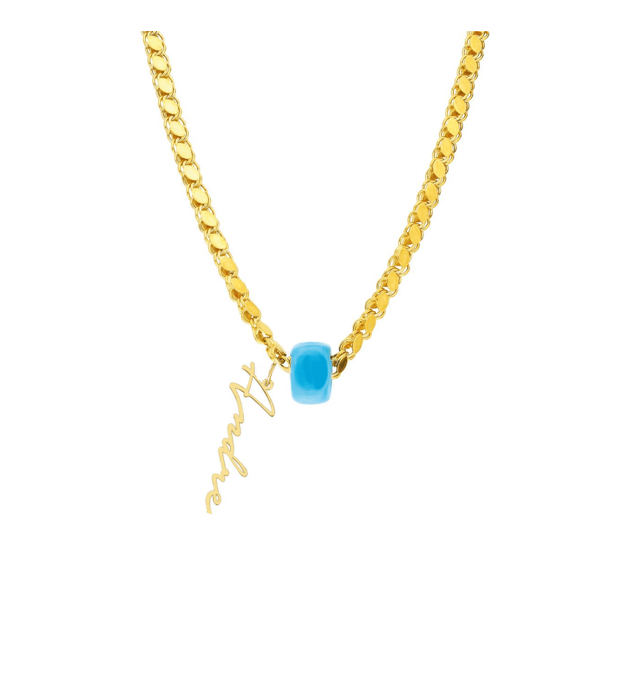 Signatur Namenskette Gersten mit einem blauen Naturstein in 925er Silber, ideal für einen personalisierten Look.