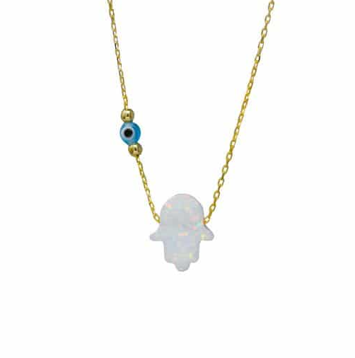 Fatima-Hand-Kette mit Opal und weißem Nazar aus 925er Silber