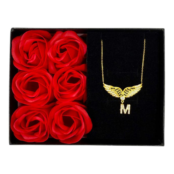 Flügel-Halskette mit Buchstabe und Zirkonia aus 925er Silber mit Rosenbox