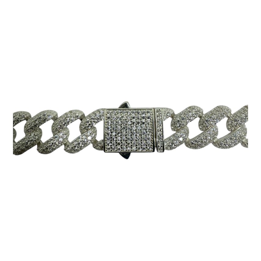 Iced Out Cuban Link Kette Rhodiniert breit 10.5mm 60-65cm lang 925 Sterling Silber