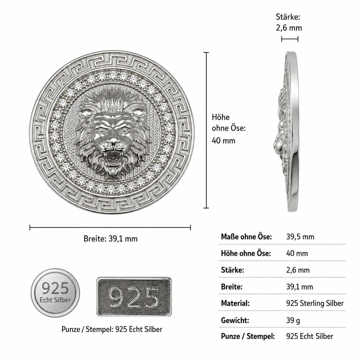 Iced Out Löwen Anhänger Rund aus 925 Sterlingsilber XL