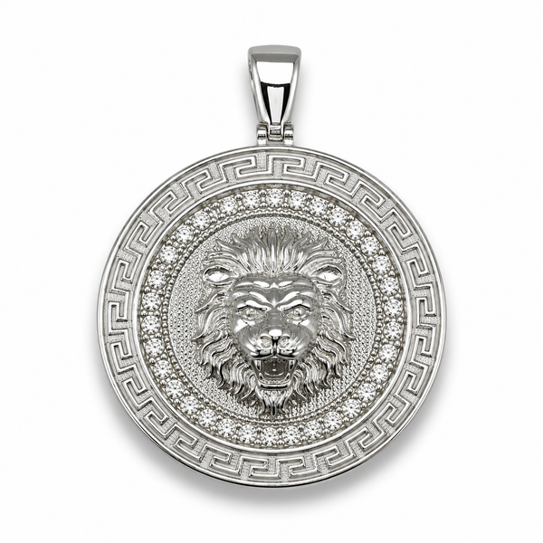 Runder Iced-Out-Löwen-Anhänger XL aus 925er Sterlingsilber