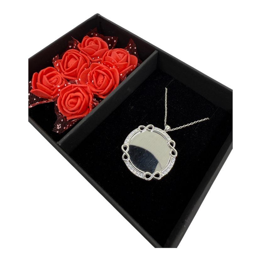 Infinity Halskette – Runde Gravurplatte – Limitierte Edition – 925 Silber – Inklusive Rosenbox & Wunschgravur