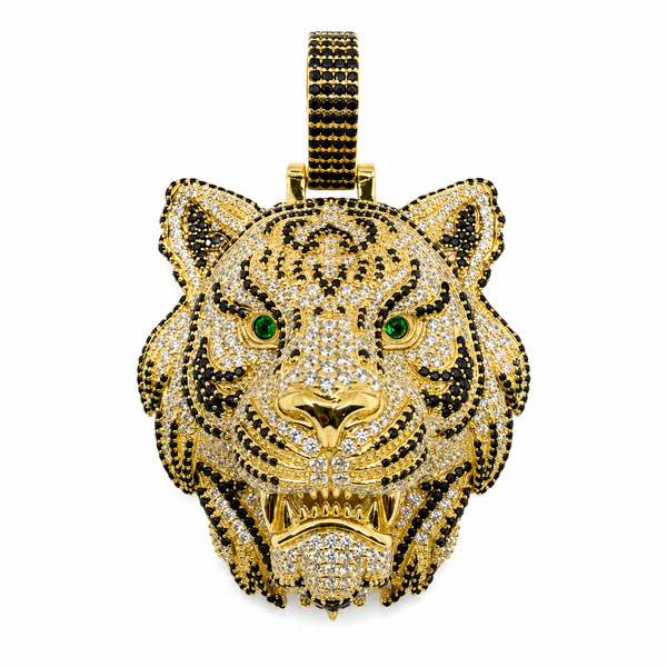 Löwen-Anhänger 3D XXL Iced Out aus 925er Silber, 18 Karat vergoldet