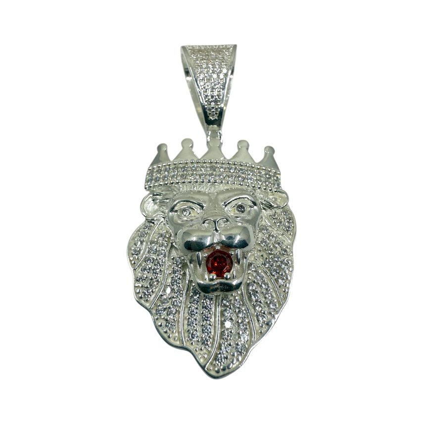 Löwenkopf-Anhänger Iced Out mit roten Steinen aus 925er Sterlingsilber – Ansicht 2