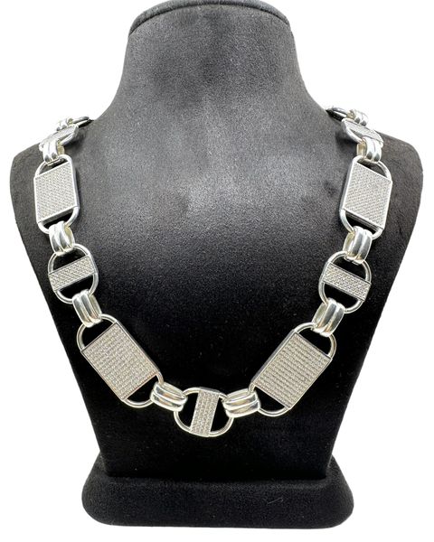 ICED OUT PLATTENKETTE (Steigbügelkette) &#8211; 16MM BREIT  65CM &#8211; SILBER 925