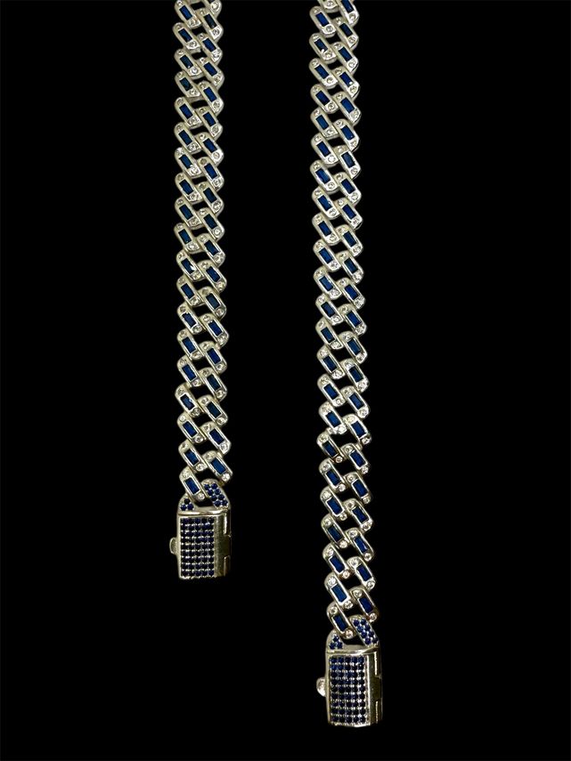 SET ICED OUT Cuban Link Blau Panzerkette Silber925 - 10mm