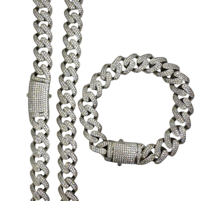 Set Iced Out Cuban Link Kette Rhodiniert 15mm