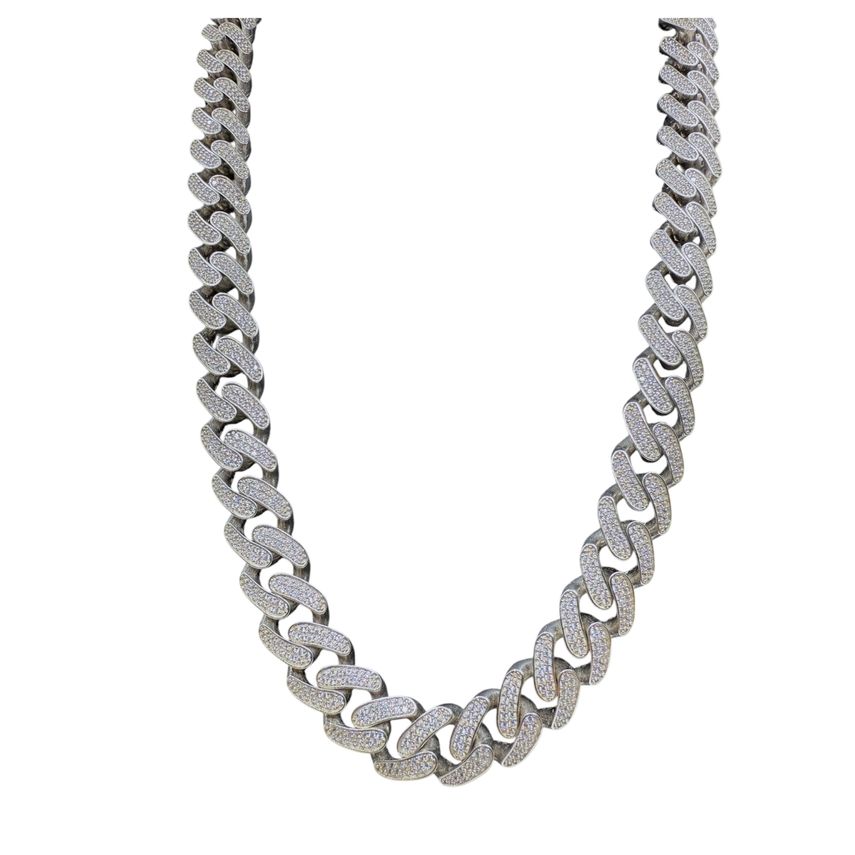 Set Iced Out Cuban Link Kette Rhodiniert 15mm