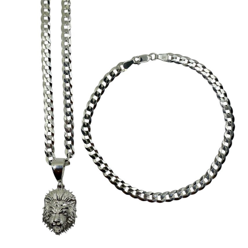 Set Miami Cuban Link Panzerkette + Armband Mit Löwe 4.8mm - Silber 925