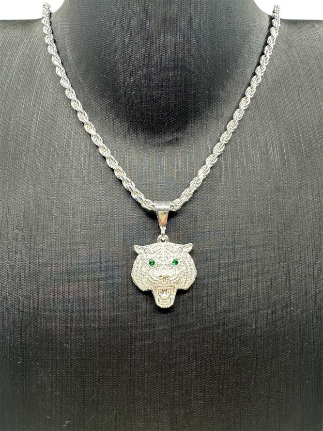 Silber Kordelkette Rope Chain breite 3.5 mm Mit Tigerkopf Anhänger (6)