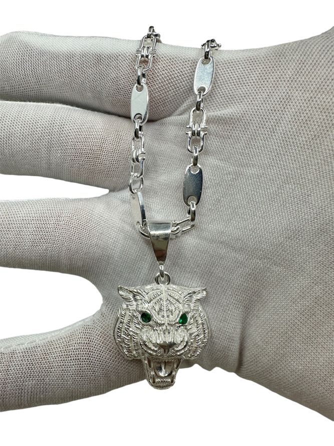 Plattenkette 5 mm mit Tigerkopf-Anhänger aus 925er Silber – Ansicht 3