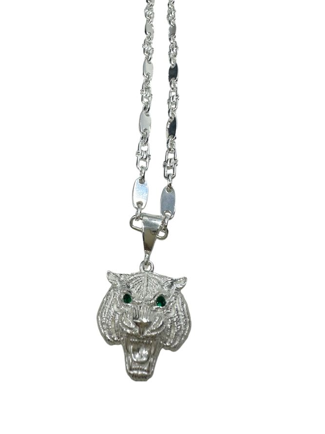 Plattenkette 5 mm mit Tigerkopf-Anhänger aus 925er Silber – Ansicht 4