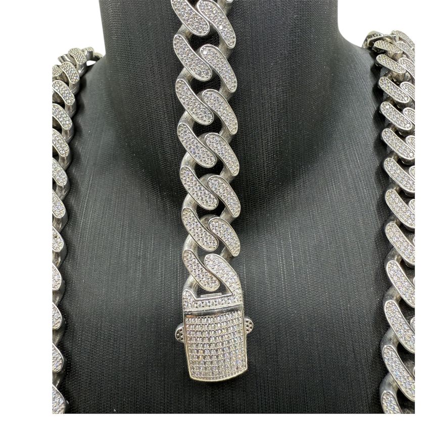Set Iced Out Cuban Link Kette Rhodiniert 15mm