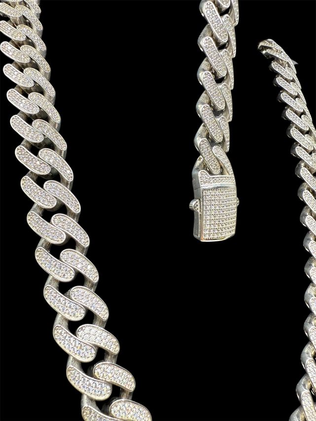 Set Iced Out Cuban Link Kette Rhodiniert 15mm
